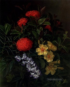  Laurentz Oil Painting - Allemanda Ixora And Orchids Johan Laurentz Jensen flower